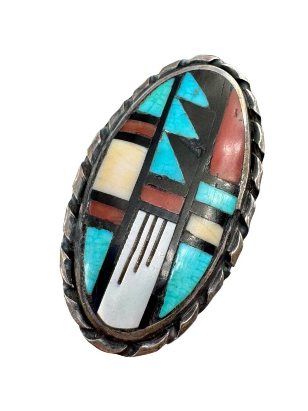 Vintage Zuni Sterling Silver Inlay Statement Ring Signed J.R.B. Sz 6.75 Bowannie - Picture 2 of 14